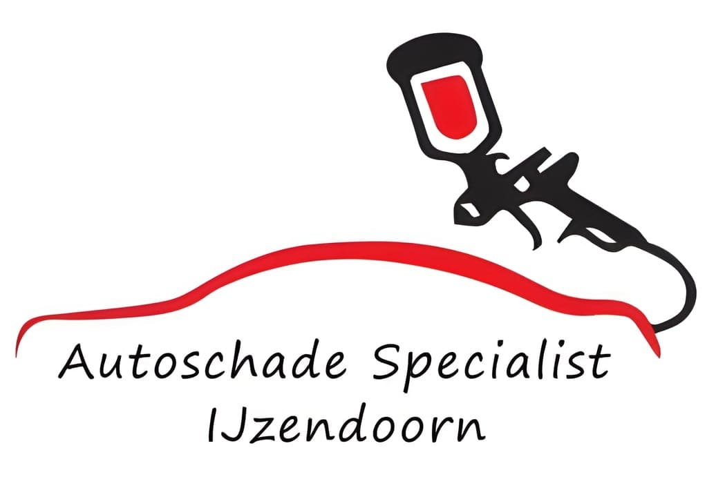 Logo van Autoschade Specialist IJzendoorn: een spuitpistool boven een rode autosilhouet